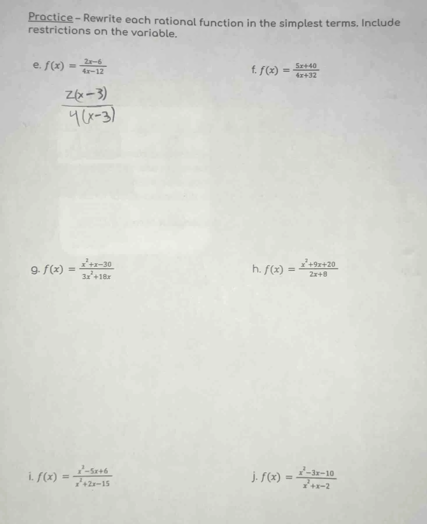 practice - rewrite each rational function in the simplest terms. includ…