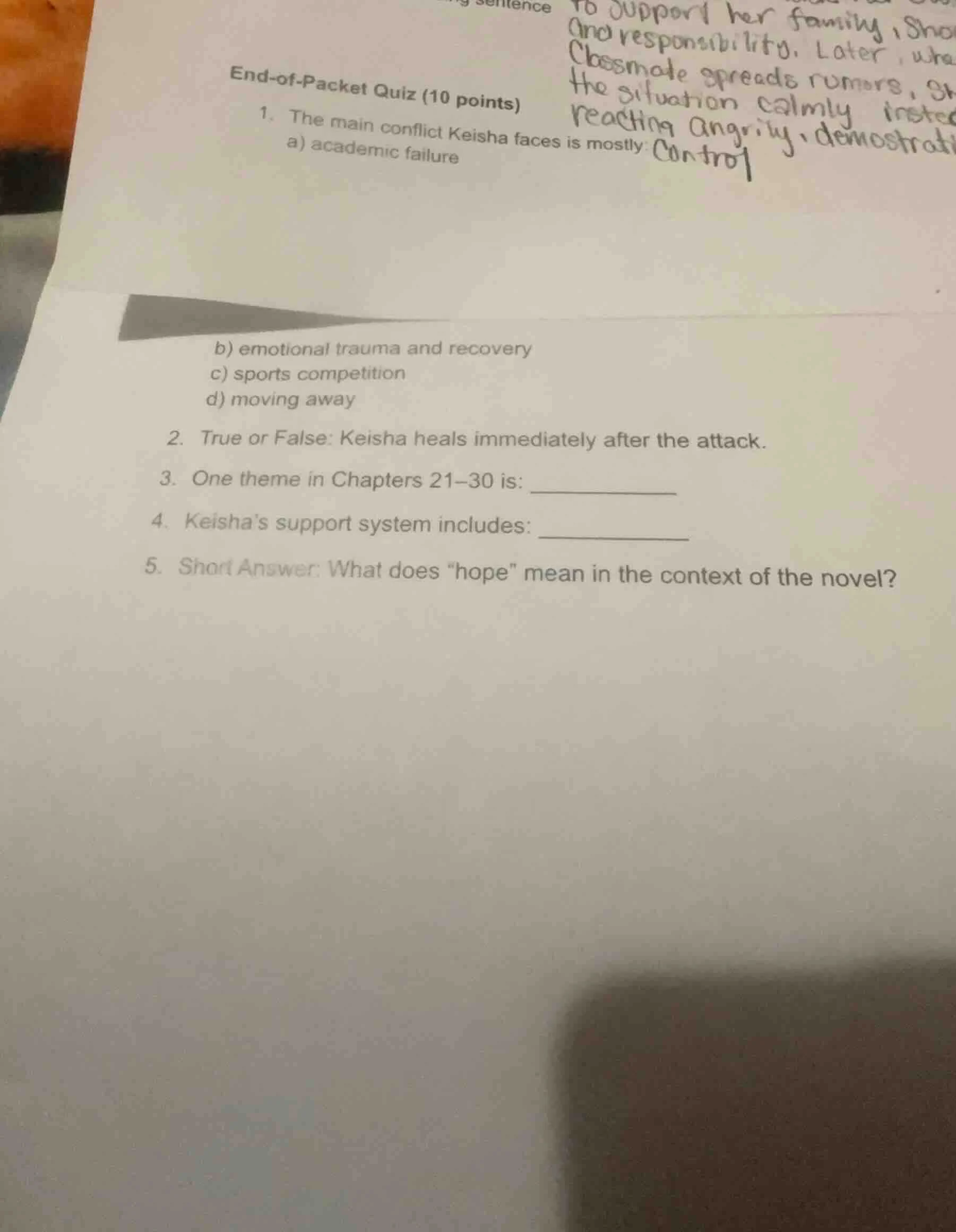 end-of-packet quiz (10 points) 1. the main conflict keisha faces is mos…