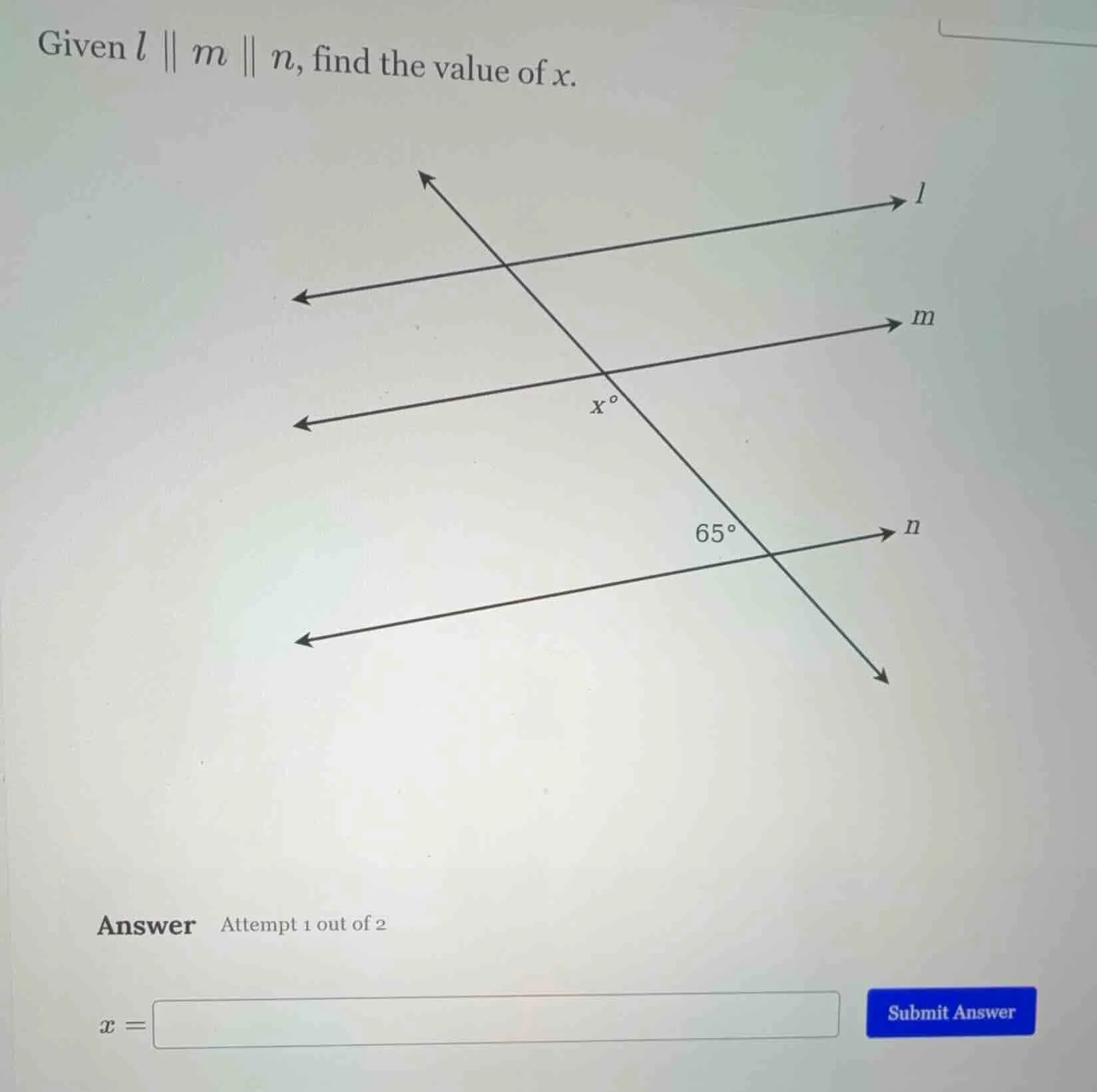 given ( l parallel m parallel n ), find the value of ( x ).