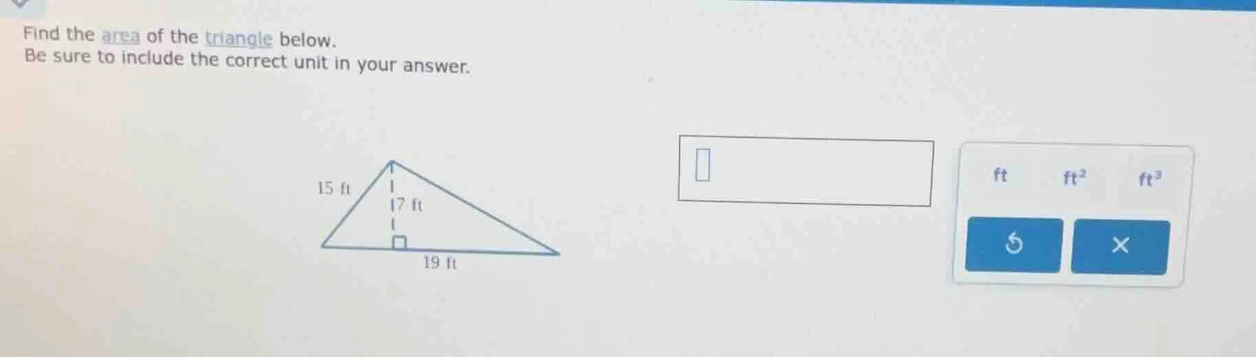 find the area of the triangle below. be sure to include the correct uni…