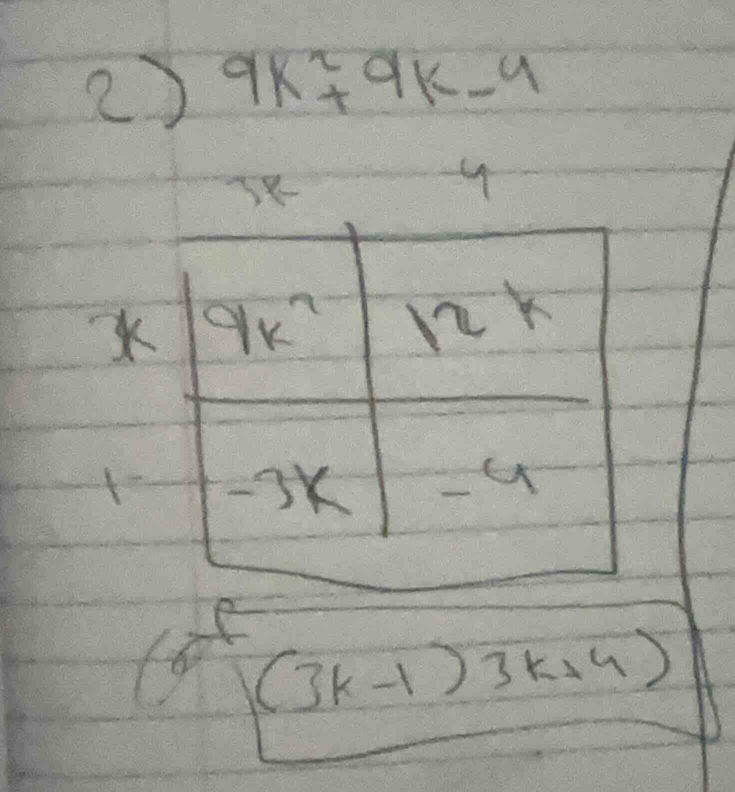 2) 9k² + 9k - 4 (and a boxed multiplication-like structure with terms 3…