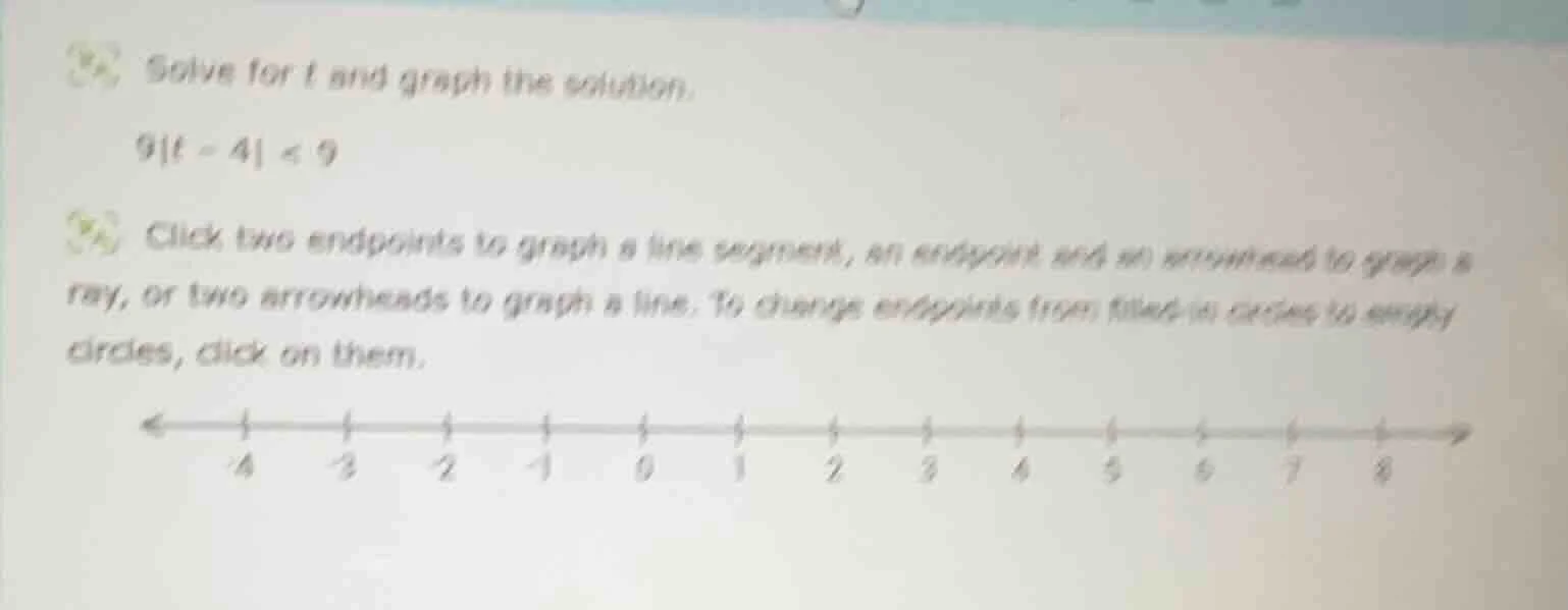 solve for t and graph the solution. 9|t - 4| < 9 click two endpoints to…