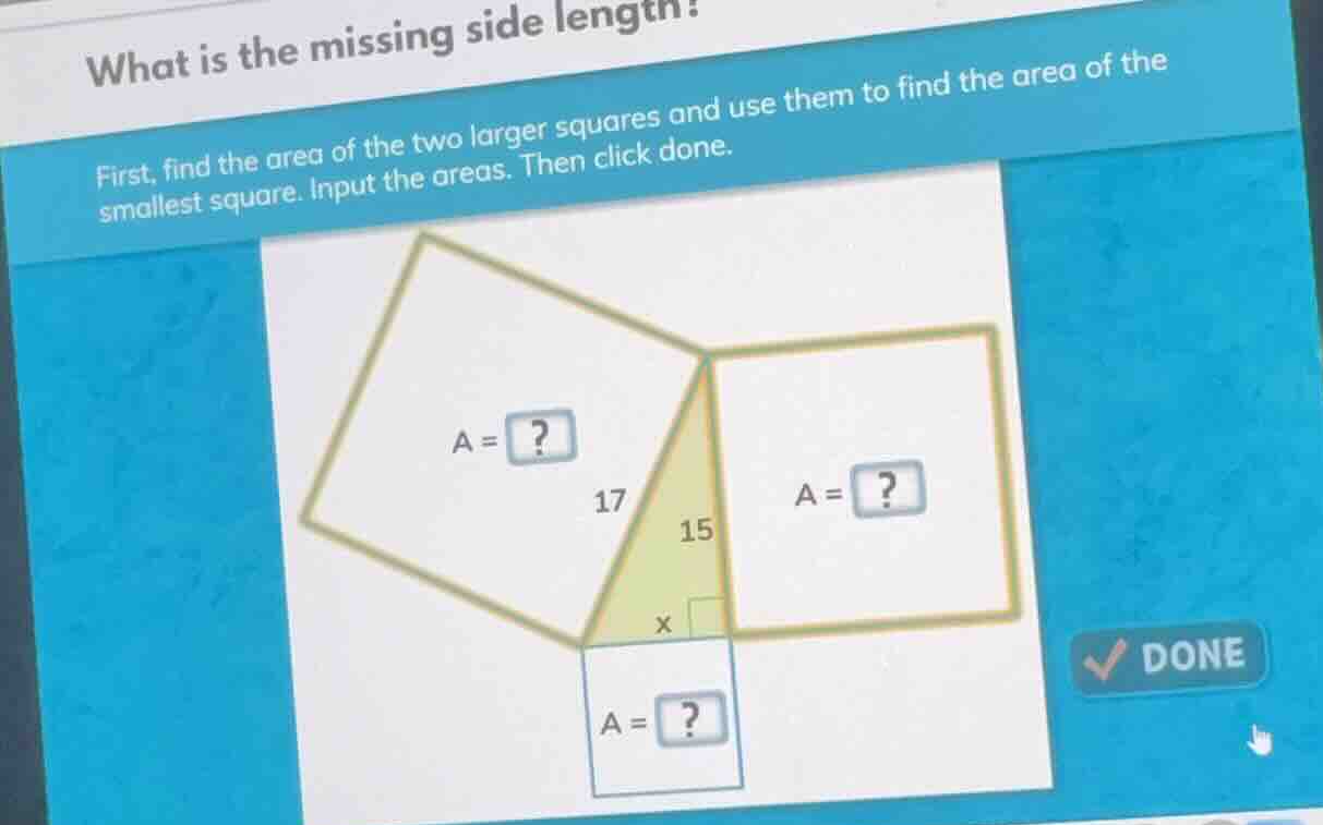 what is the missing side length? first, find the area of the two larger…