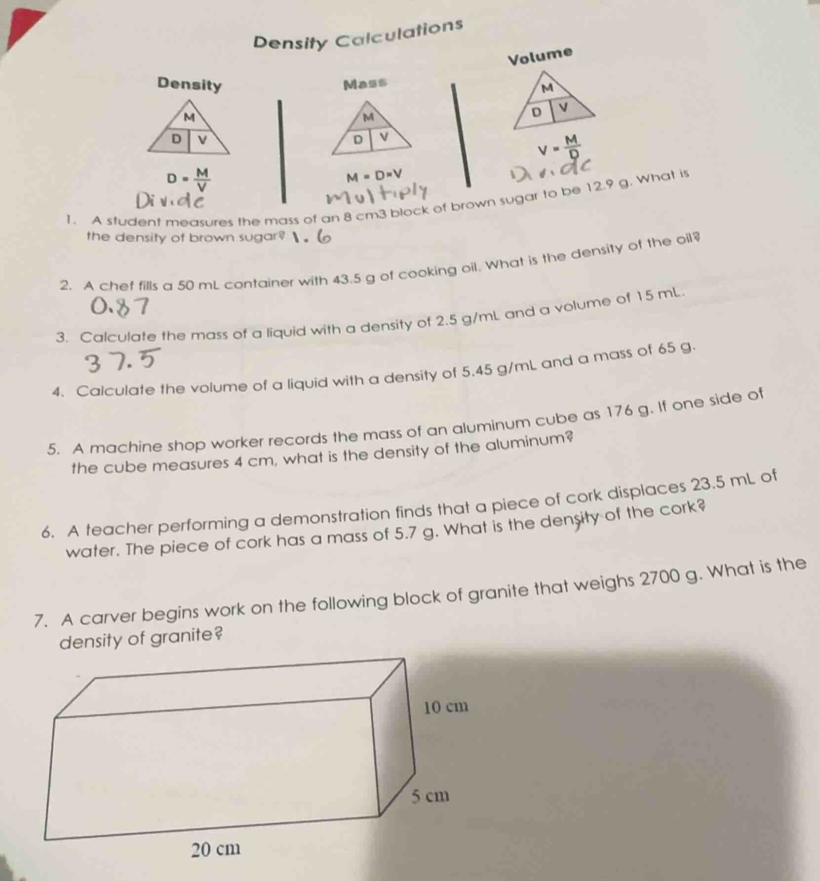 density calculations density m d v d = \\(\\frac{m}{v}\\) divide mass m…