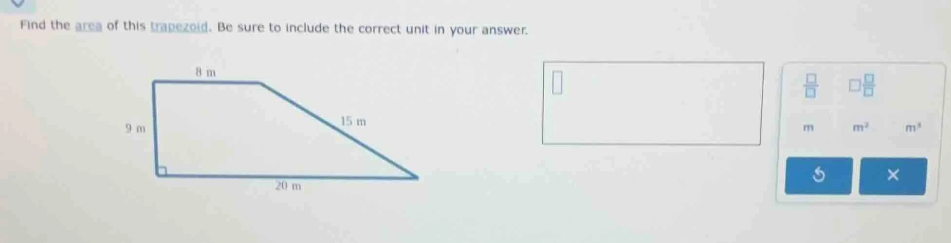 find the area of this trapezoid. be sure to include the correct unit in…