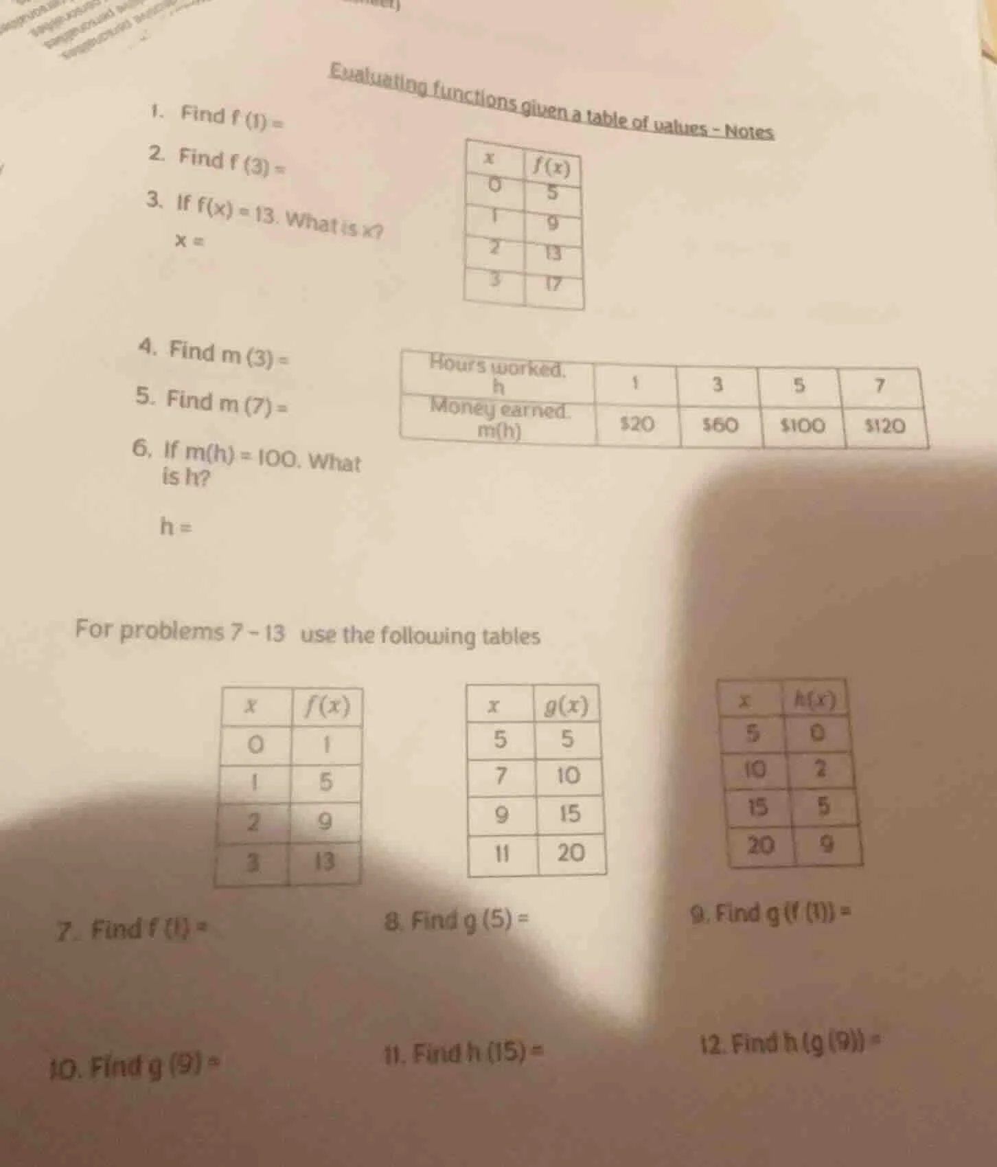 evaluating functions given a table of values - notes 1. find f (1) = 2.…