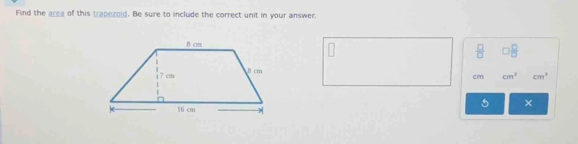 find the area of this trapezoid. be sure to include the correct unit in…