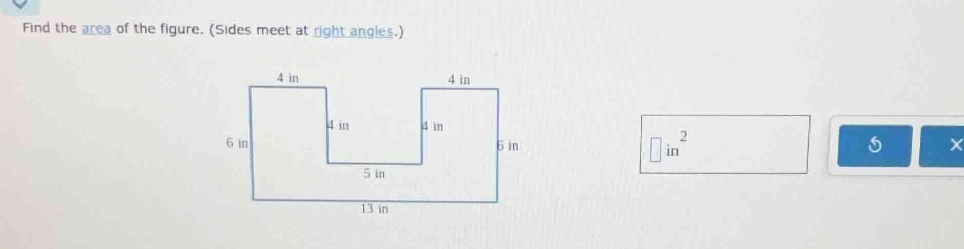 find the area of the figure. (sides meet at right angles.)