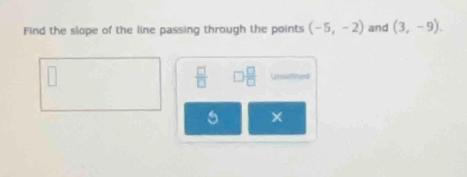 find the slope of the line passing through the points (-5, -2) and (3, …