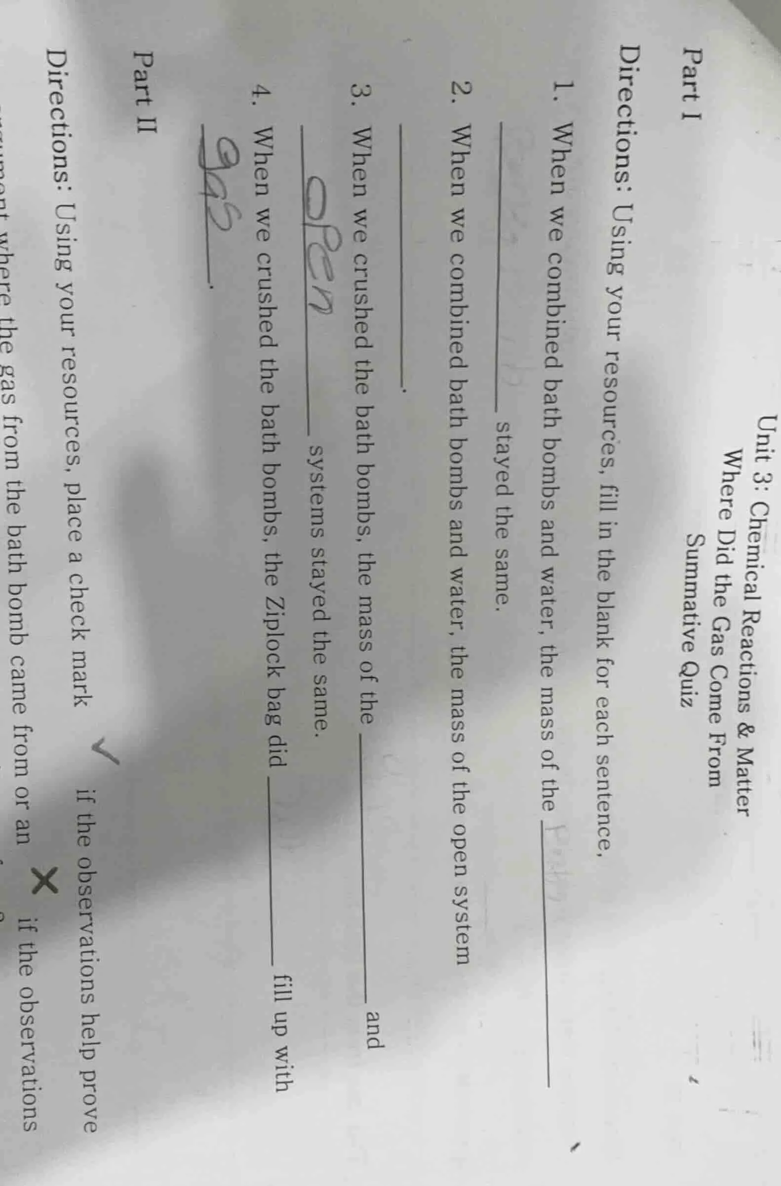 unit 3: chemical reactions & matter where did the gas come from summati…