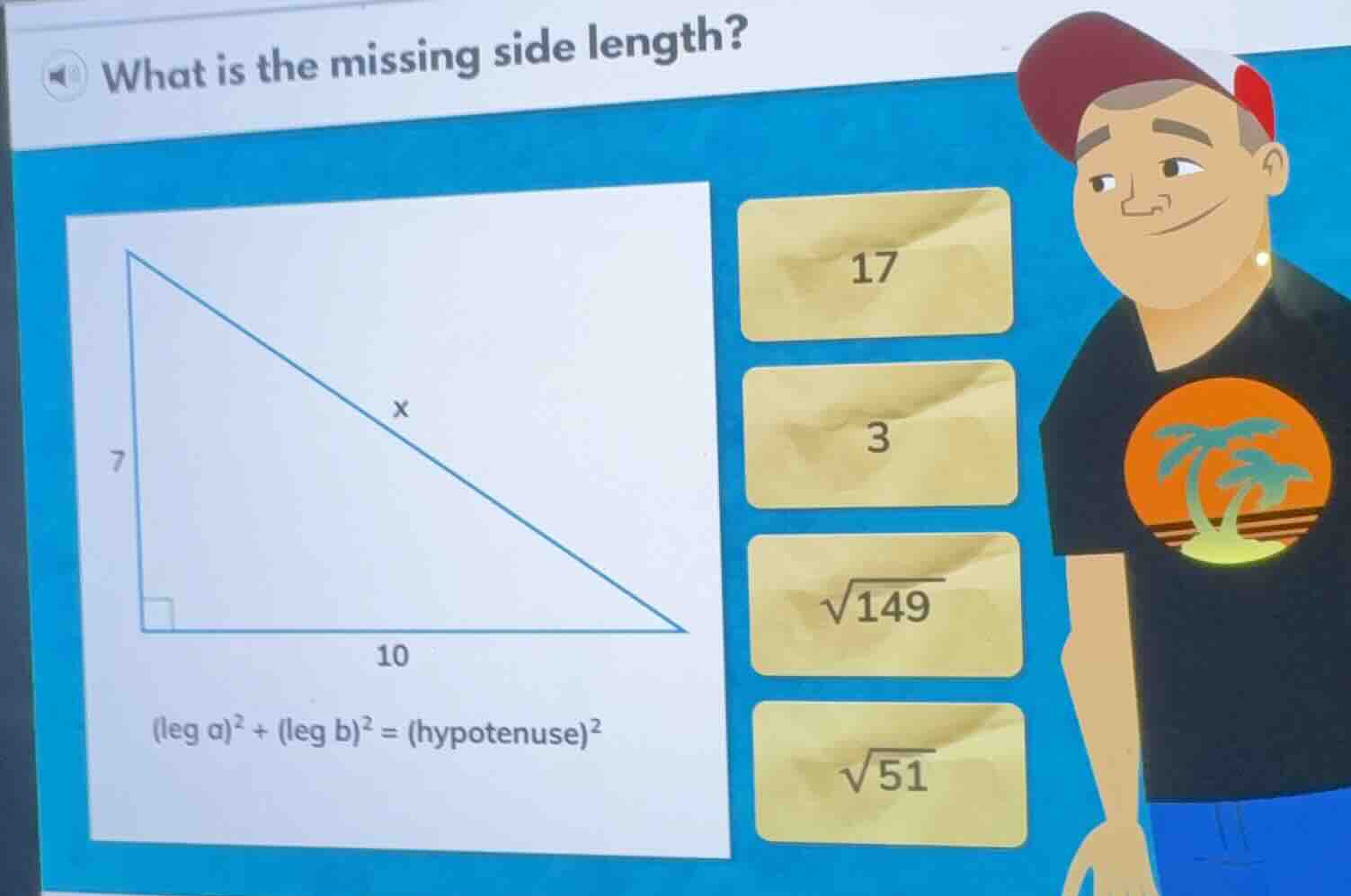 what is the missing side length? (leg a)² + (leg b)² = (hypotenuse)² op…