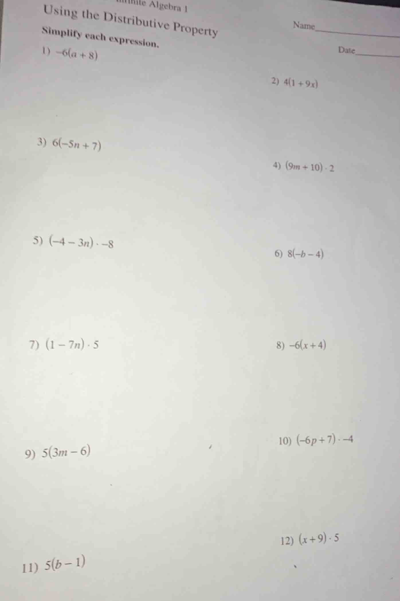 algebra 1 using the distributive property simplify each expression. 1) …
