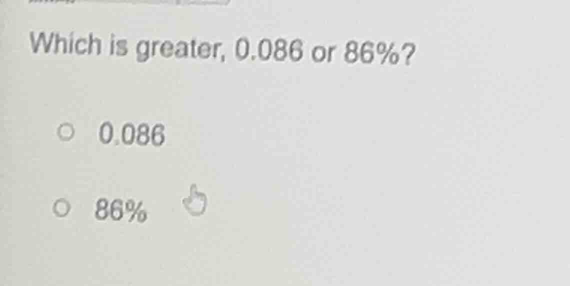 which is greater, 0.086 or 86%? 0.086 86%