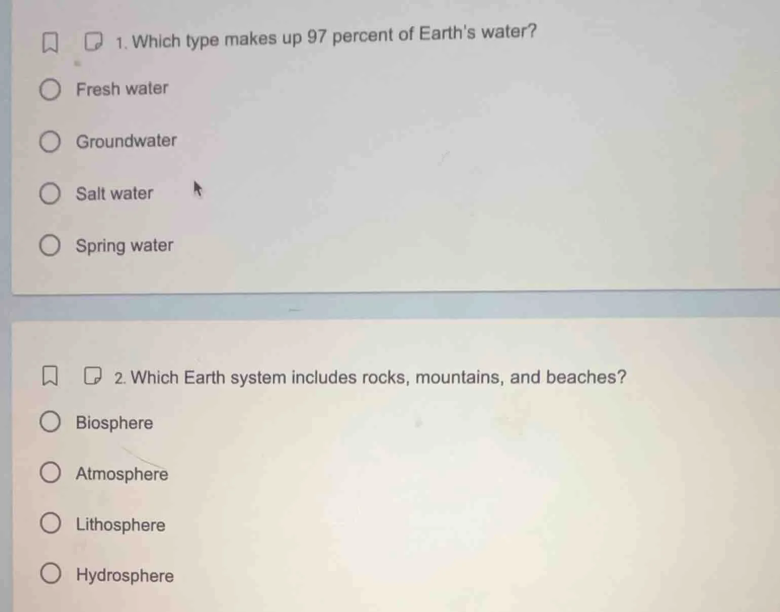 1. which type makes up 97 percent of earths water? fresh water groundwa…