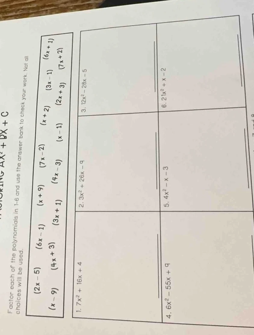 factoring ( ax^2 + bx + c ) factor each of the polynomials in 1 - 6 and…