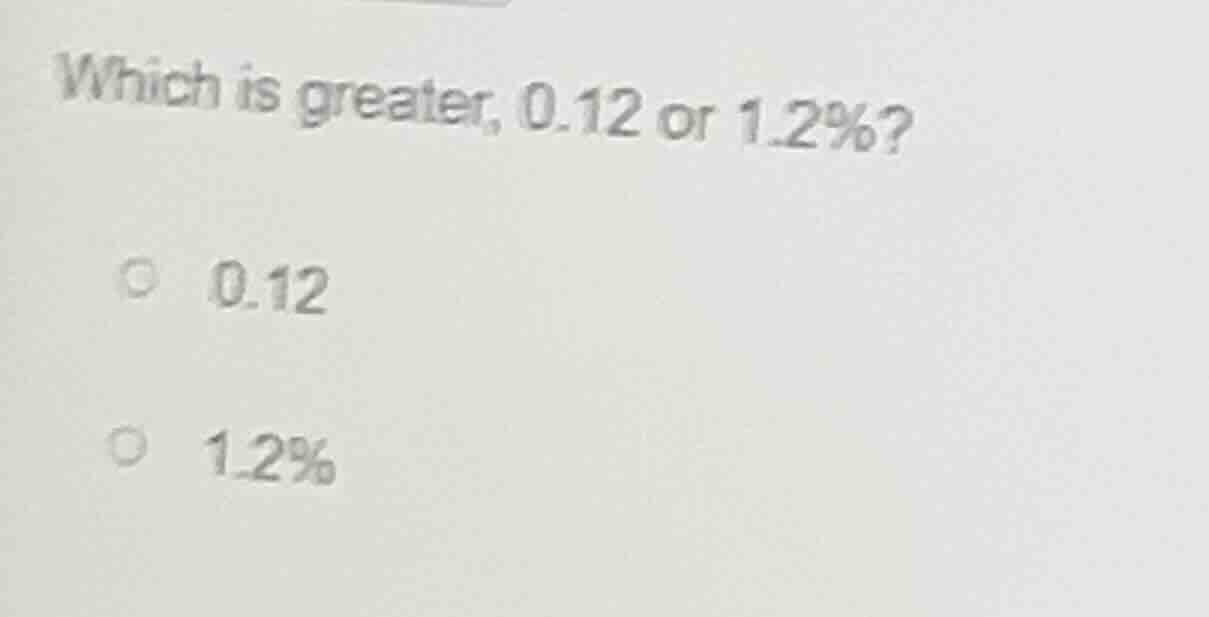 which is greater, 0.12 or 1.2%? 0.12 1.2%