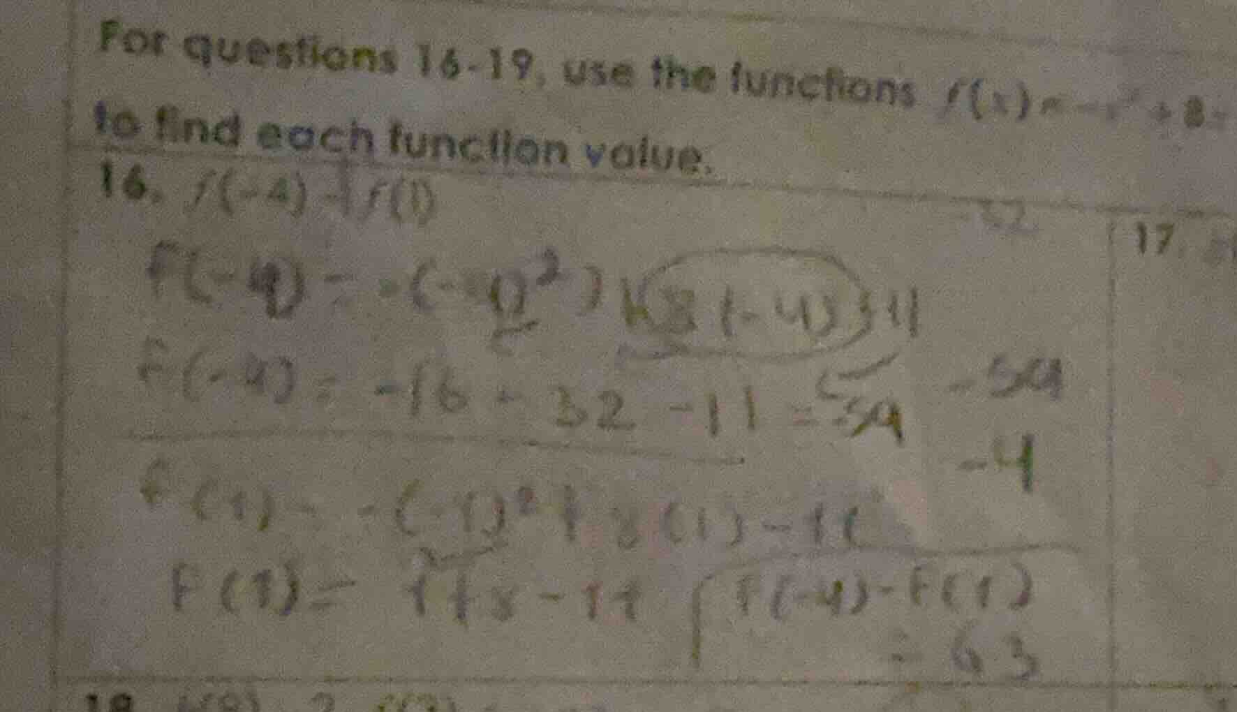 for questions 16 - 19, use the functions ( f(x)=dots ) to find each fun…