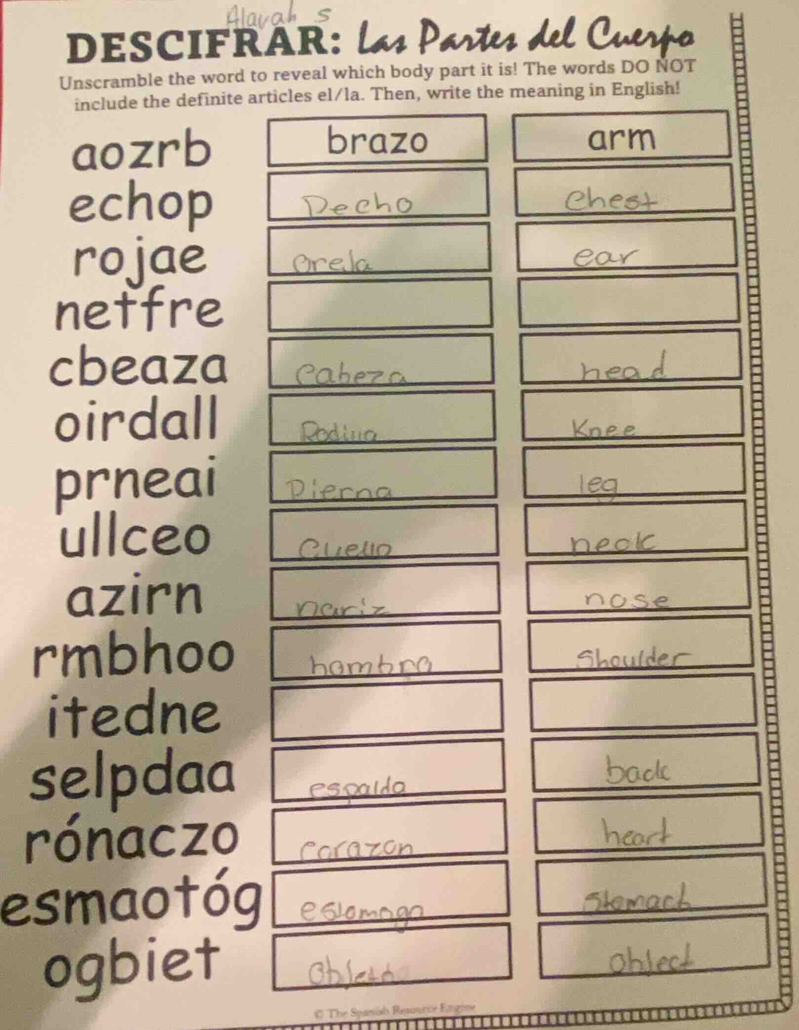 descifrar: las partes del cuerpo unscramble the word to reveal which bo…