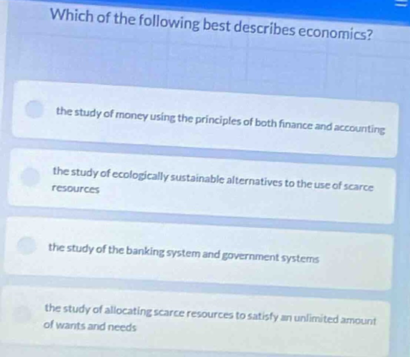 which of the following best describes economics? the study of money usi…