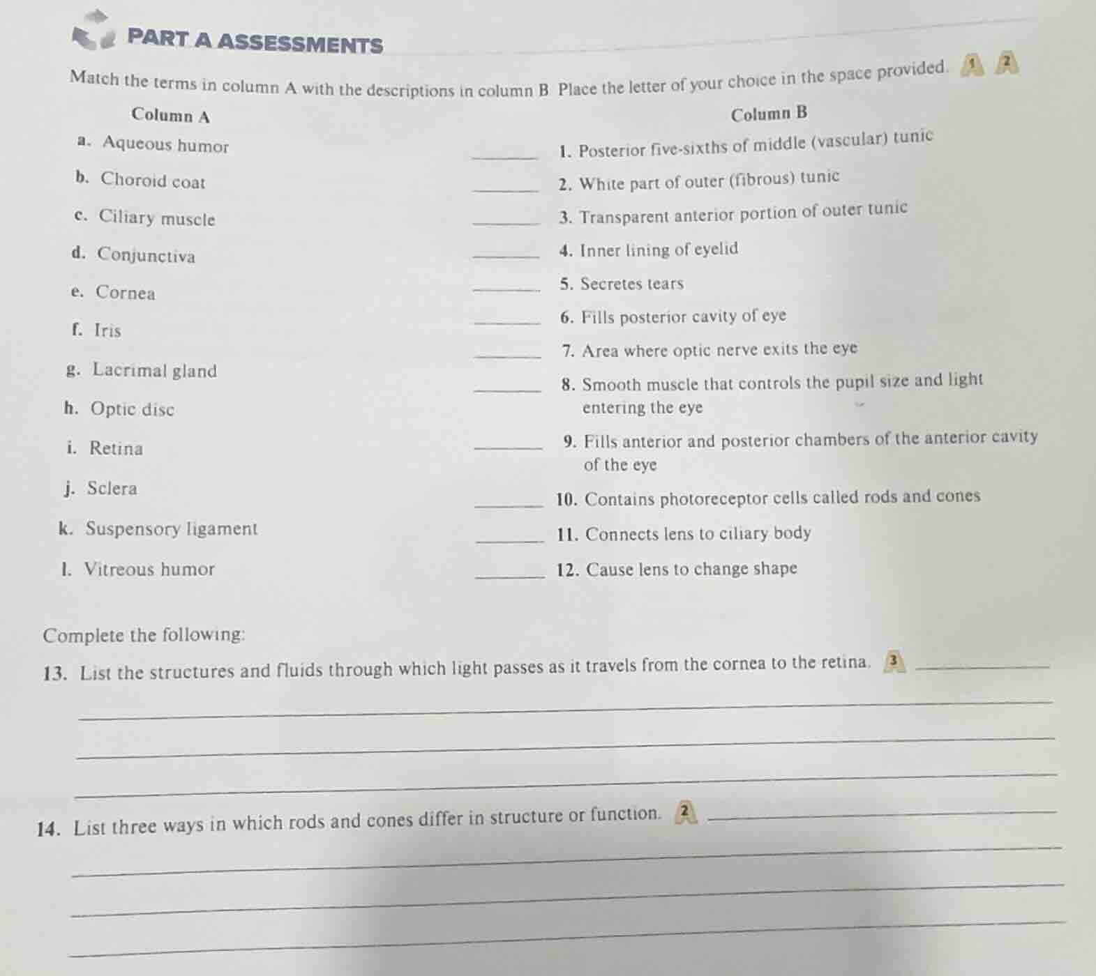 part a assessments match the terms in column a with the descriptions in…