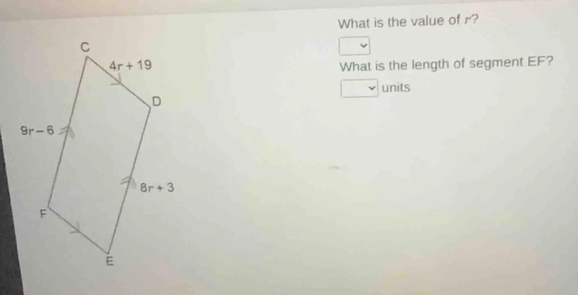 what is the value of r? what is the length of segment ef? units