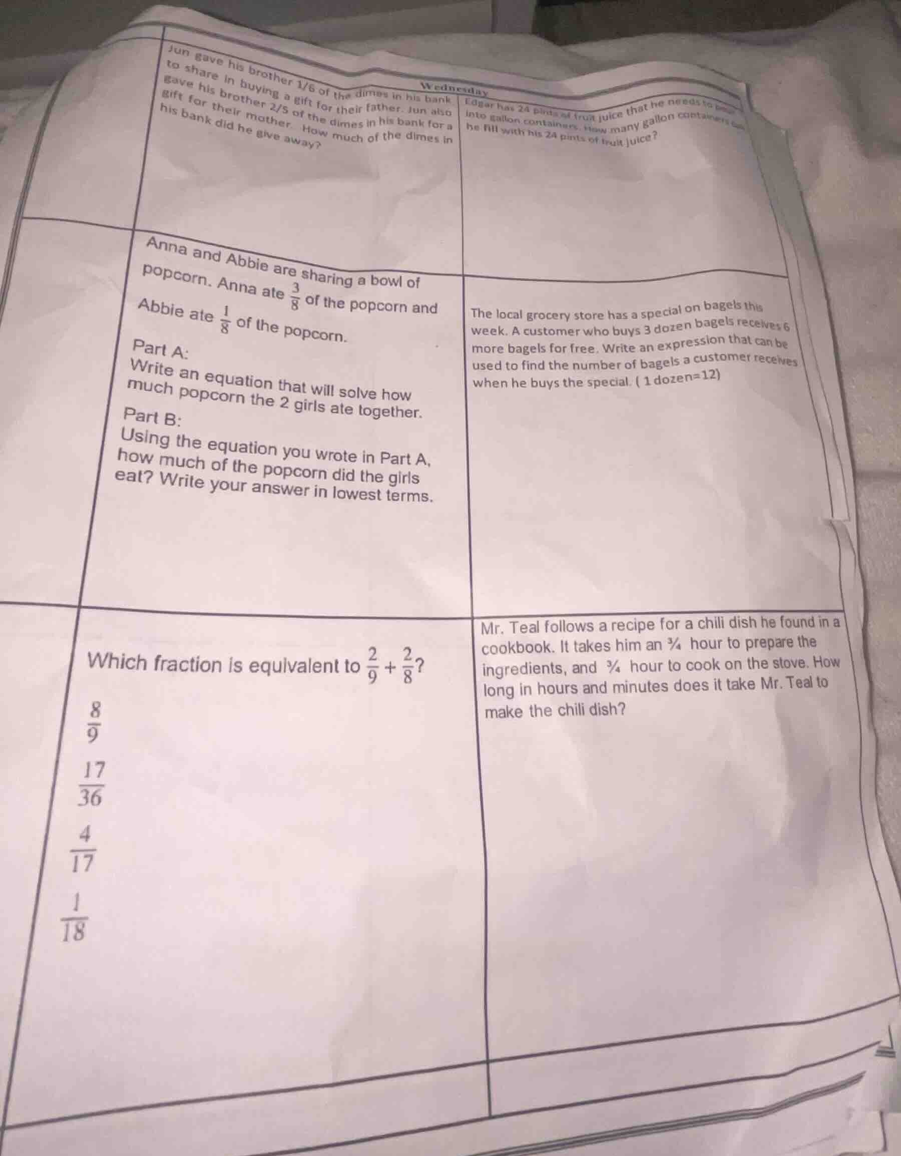 jun gave his brother 1/5 of the dimes in his bank to share in buying a …