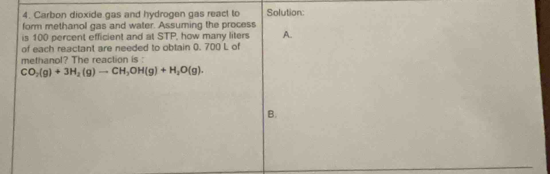 4. carbon dioxide gas and hydrogen gas react to form methanol gas and w…