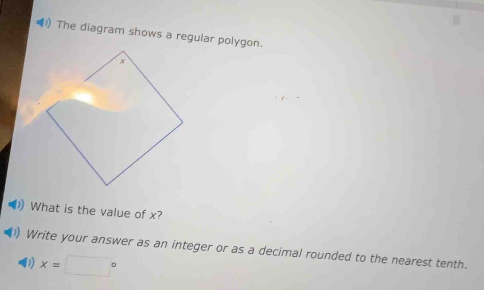 the diagram shows a regular polygon. what is the value of ( x )? write …