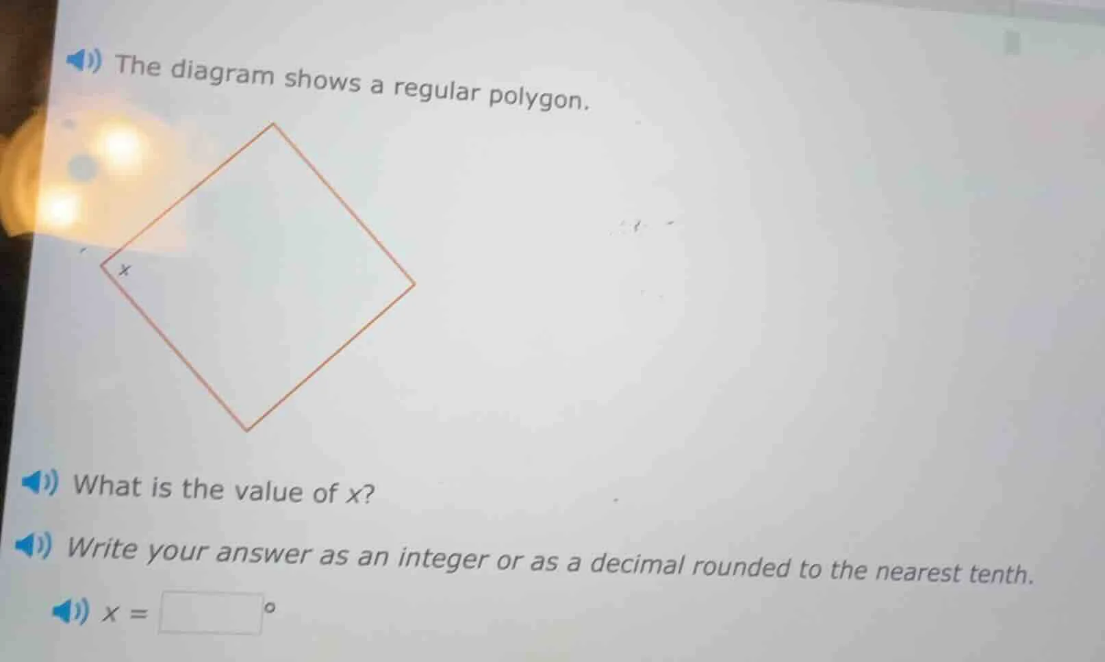 the diagram shows a regular polygon. what is the value of ( x )? write …