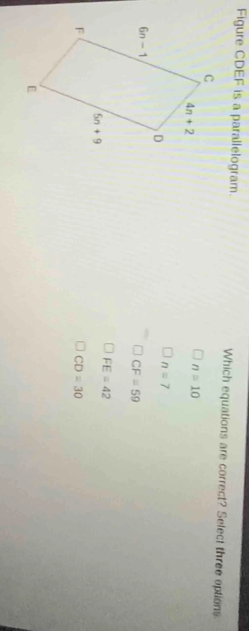 figure cdef is a parallelogram. which equations are correct? select thr…