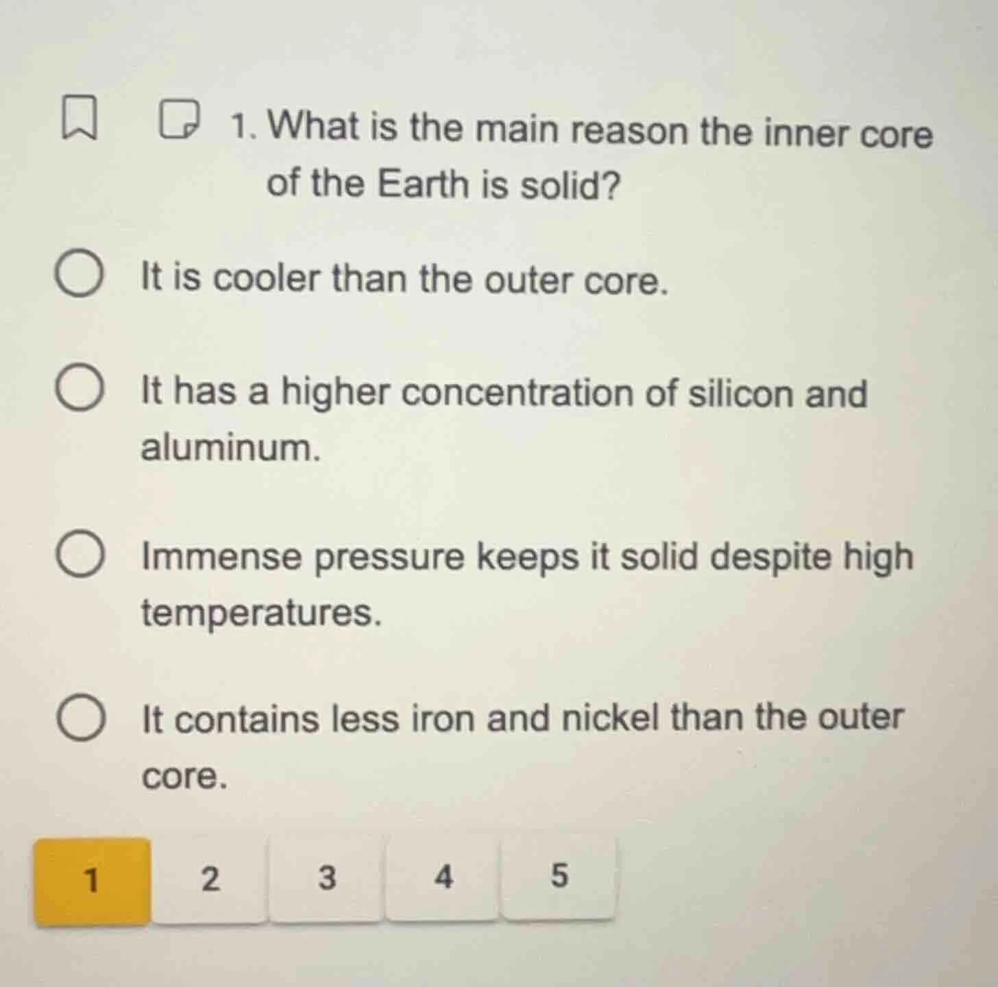 1. what is the main reason the inner core of the earth is solid? it is …