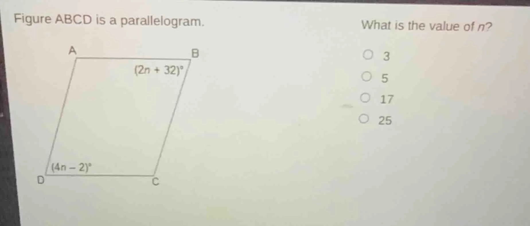 figure abcd is a parallelogram. what is the value of n? a, b, c, d form…