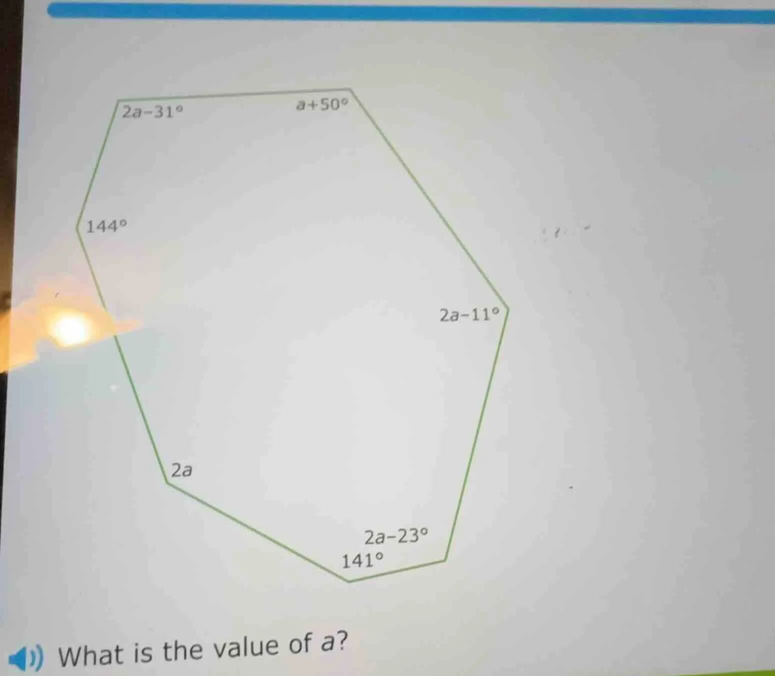 what is the value of a? (the figure is a heptagon with angles: 2a - 31°…
