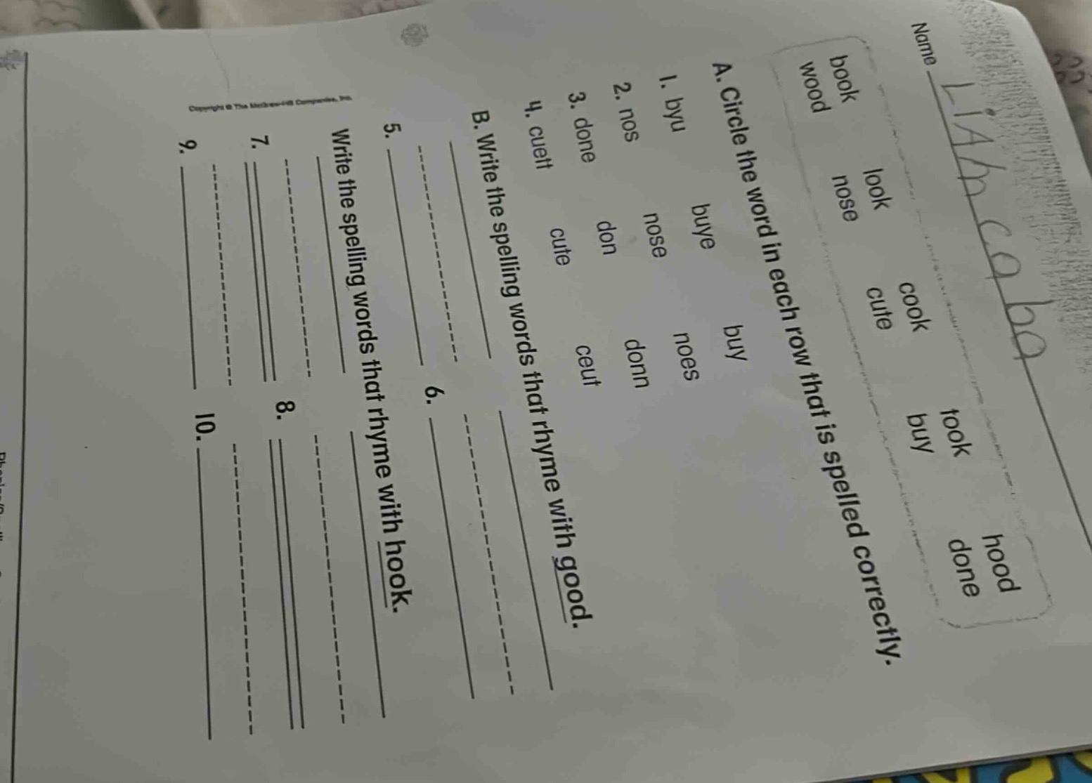 a. circle the word in each row that is spelled correctly. 1. byu buye b…