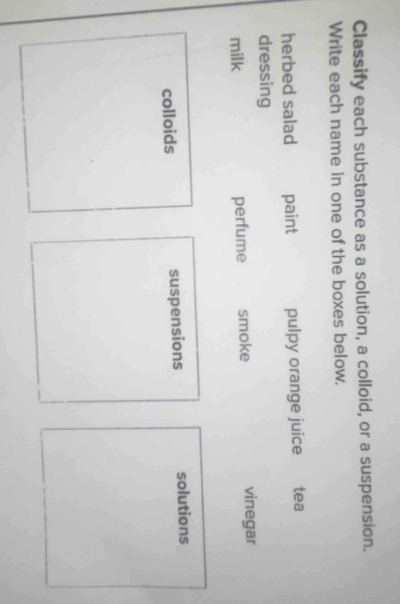 classify each substance as a solution, a colloid, or a suspension. writ…