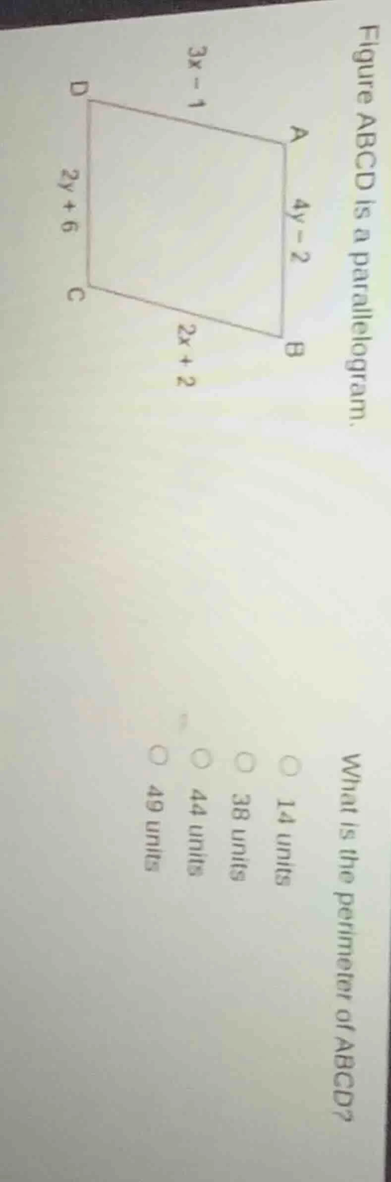 figure abcd is a parallelogram. what is the perimeter of abcd? 14 units…