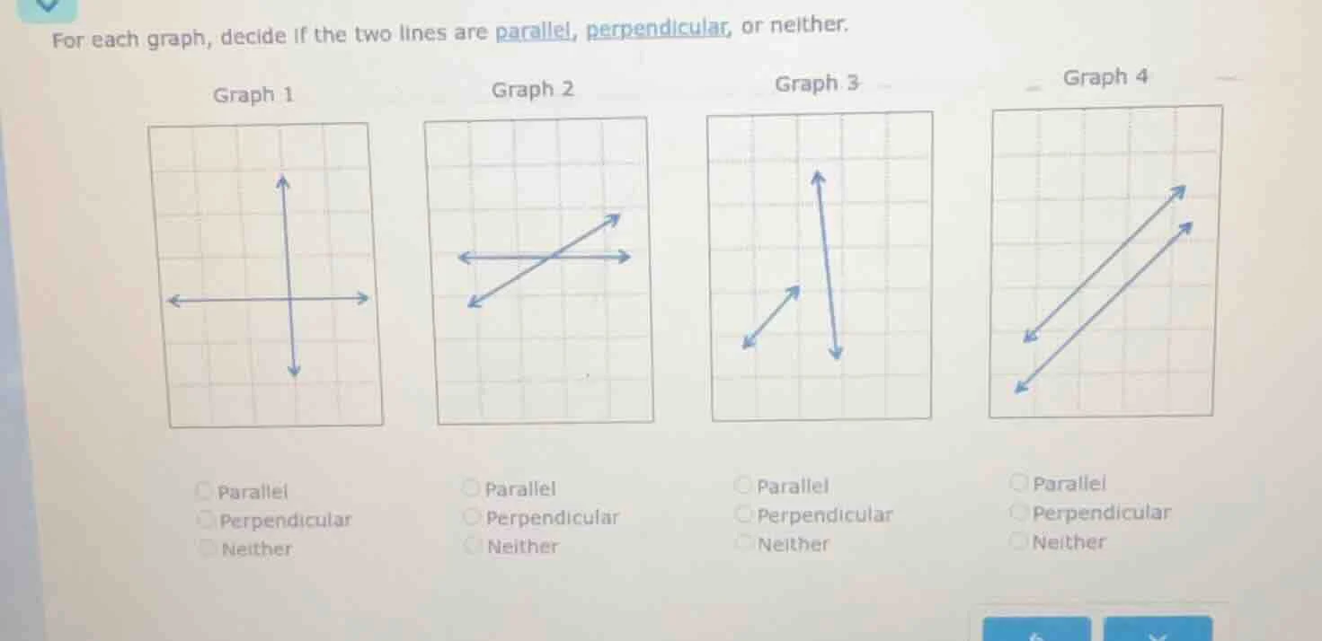 for each graph, decide if the two lines are parallel, perpendicular, or…