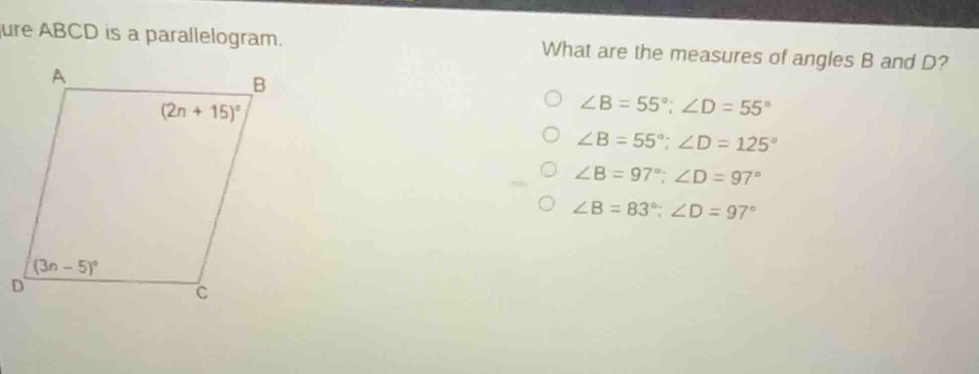 ure abcd is a parallelogram. what are the measures of angles b and d? (…