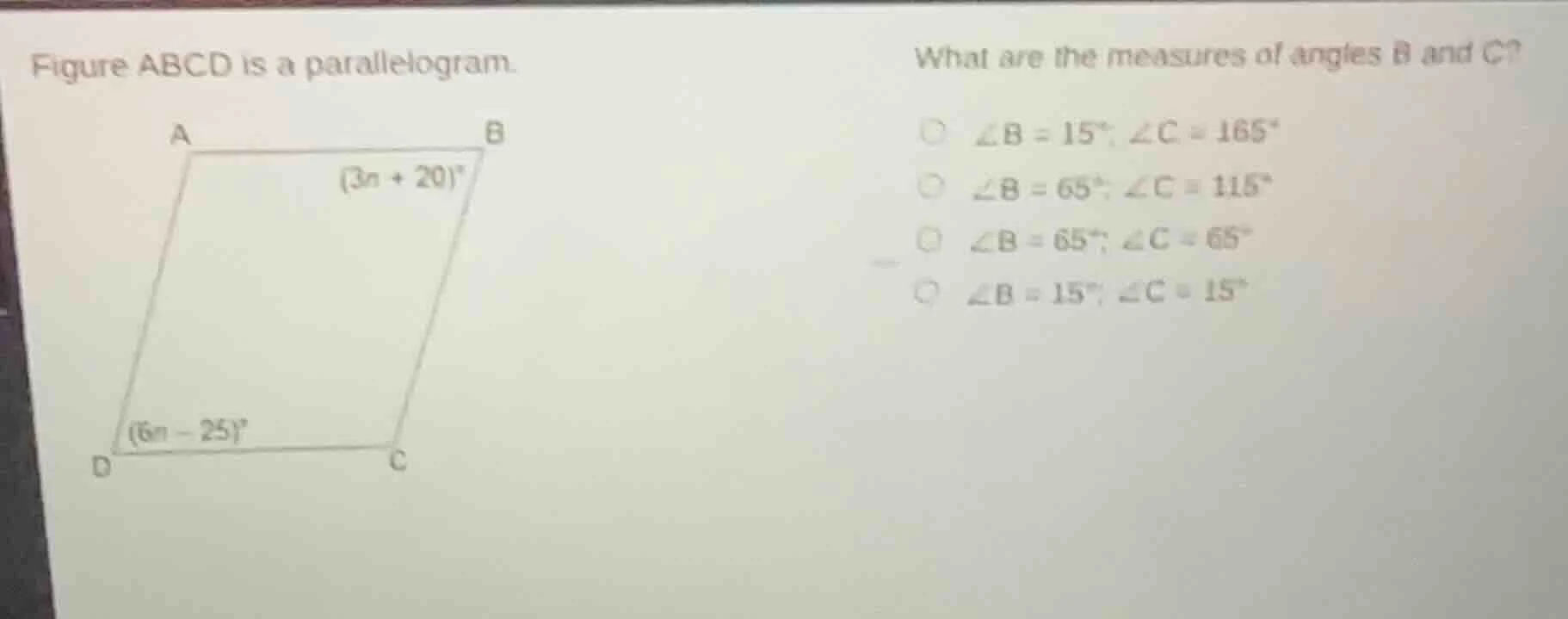 figure abcd is a parallelogram. what are the measures of angles b and c…