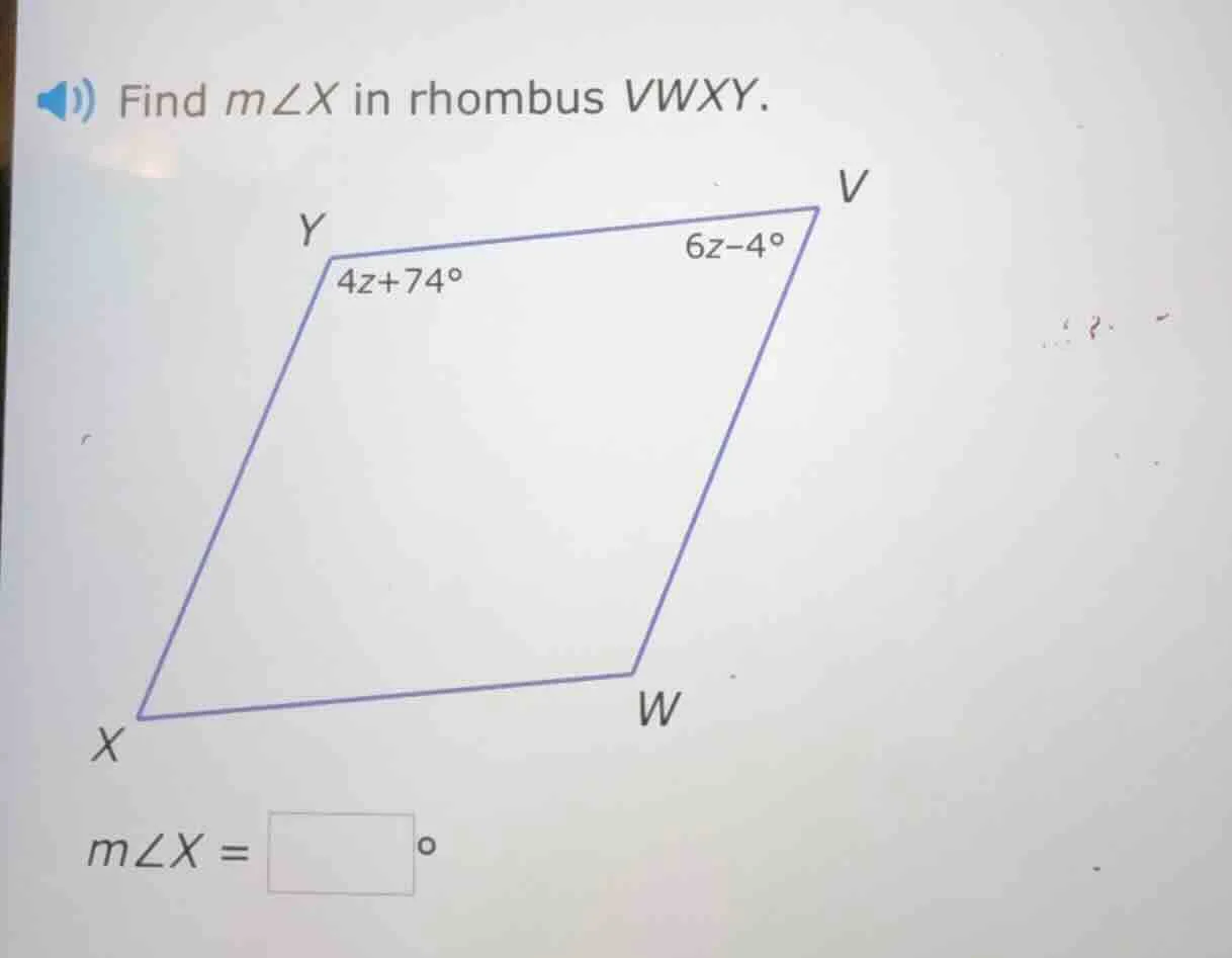 find ( mangle x ) in rhombus ( vwxy ). ( mangle x = square^circ )