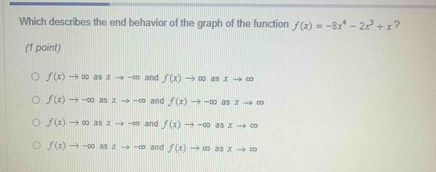 which describes the end behavior of the graph of the function $f(x) = -…
