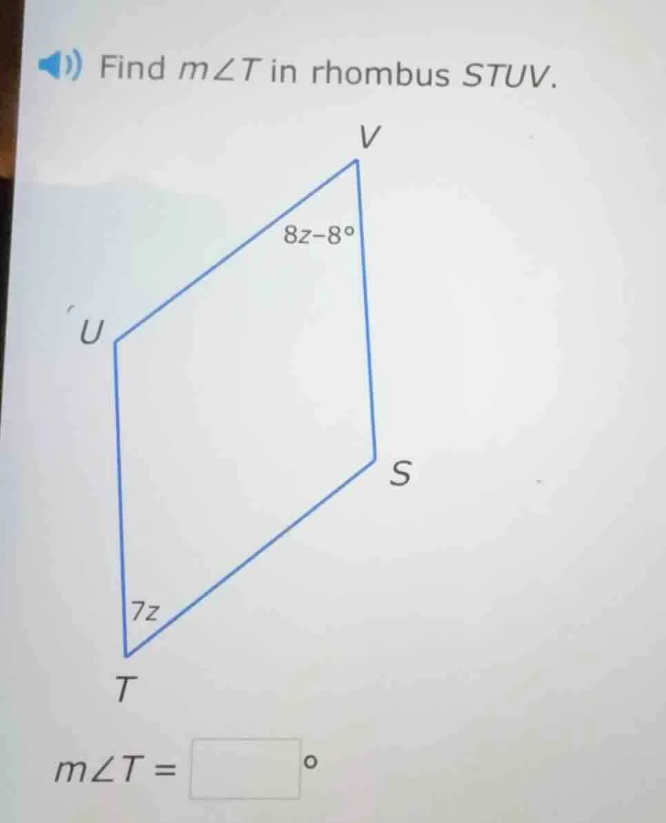 find ( mangle t ) in rhombus ( stuv ). ( mangle t = square^circ )
