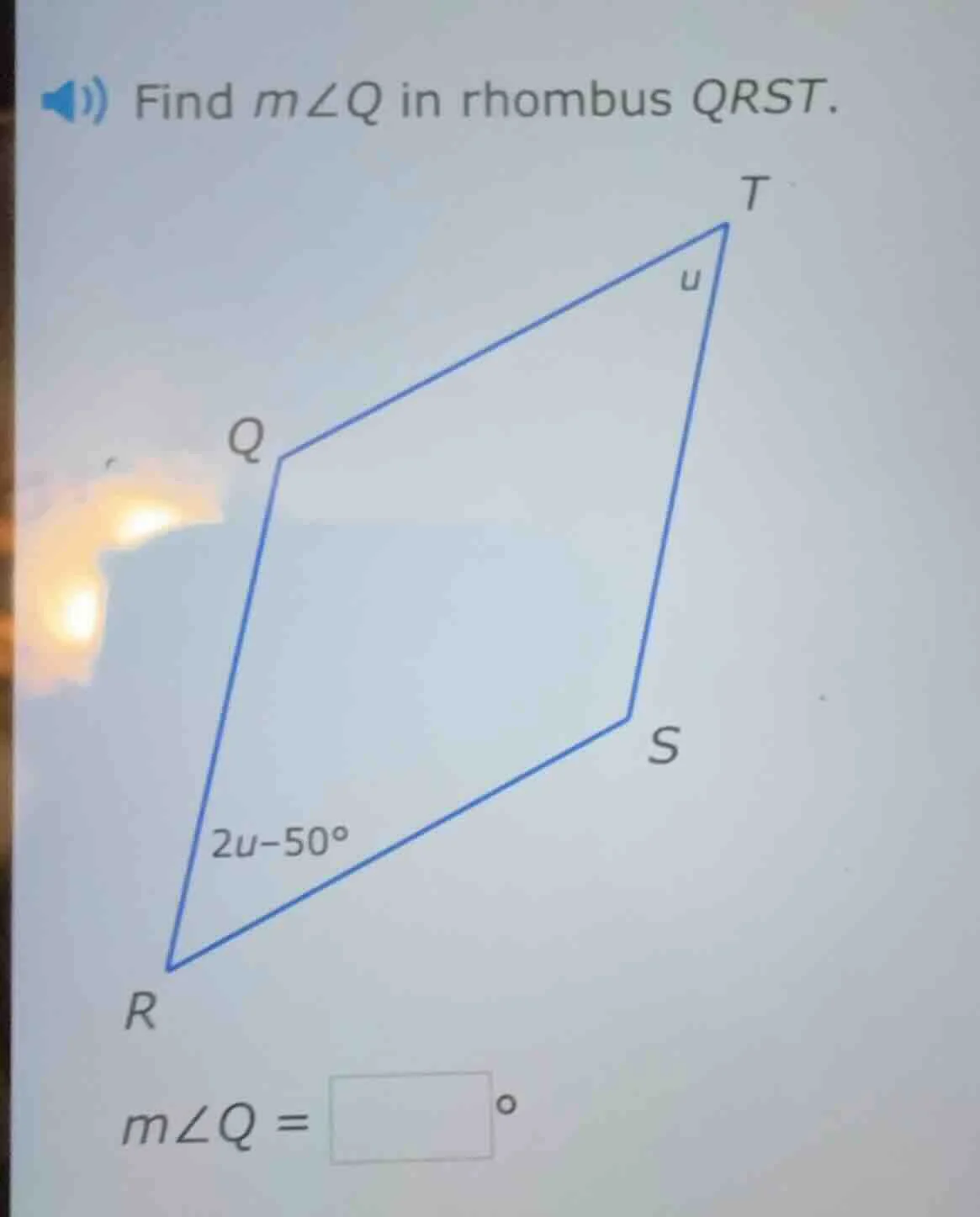 find ( mangle q ) in rhombus ( qrst ). ( mangle q = square^circ )