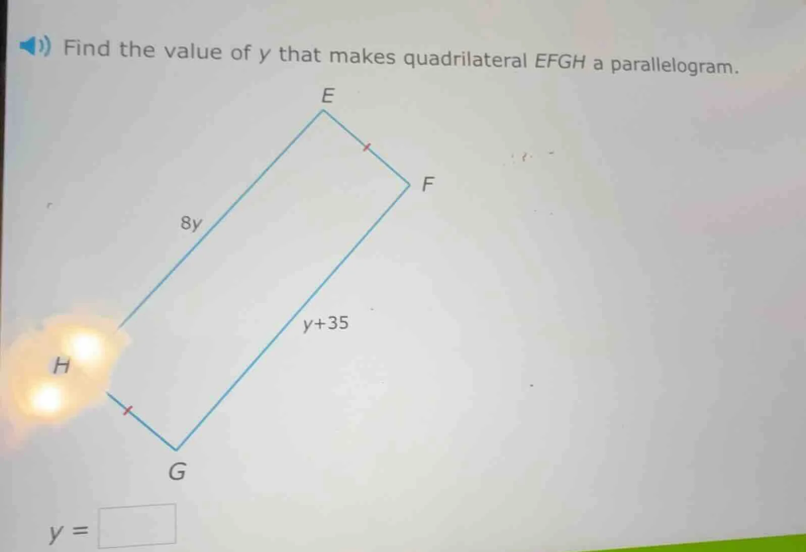 find the value of y that makes quadrilateral efgh a parallelogram. 8y, …