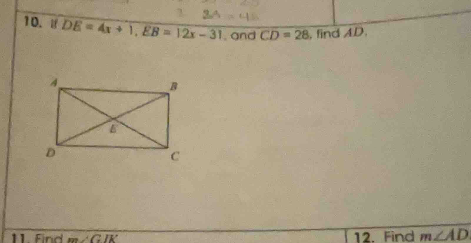 10. if de = 4x + 1, eb = 12x - 31, and cd = 28, find ad.
