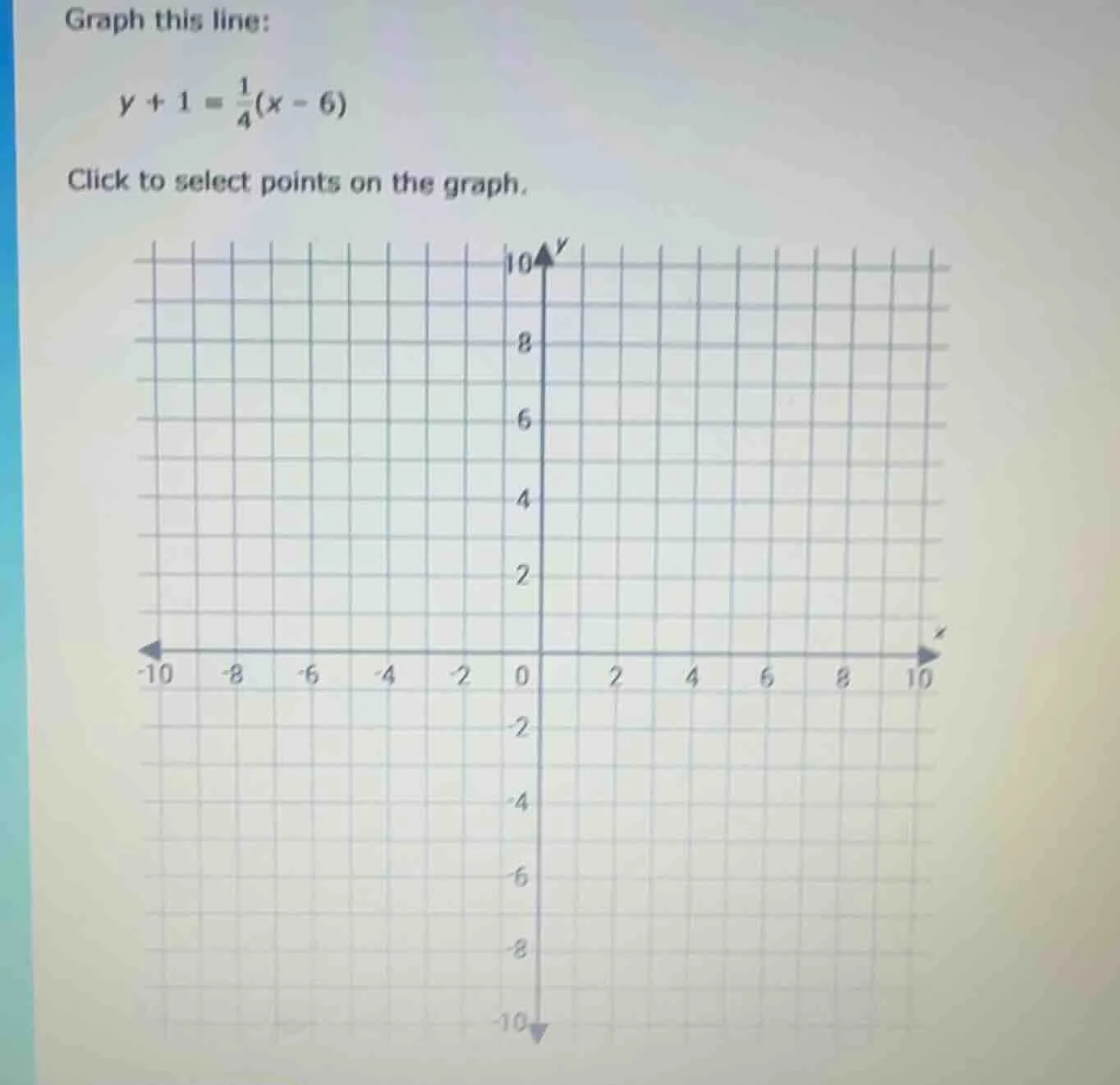 graph this line: $y + 1 = \\frac{1}{4}(x - 6)$ click to select points o…