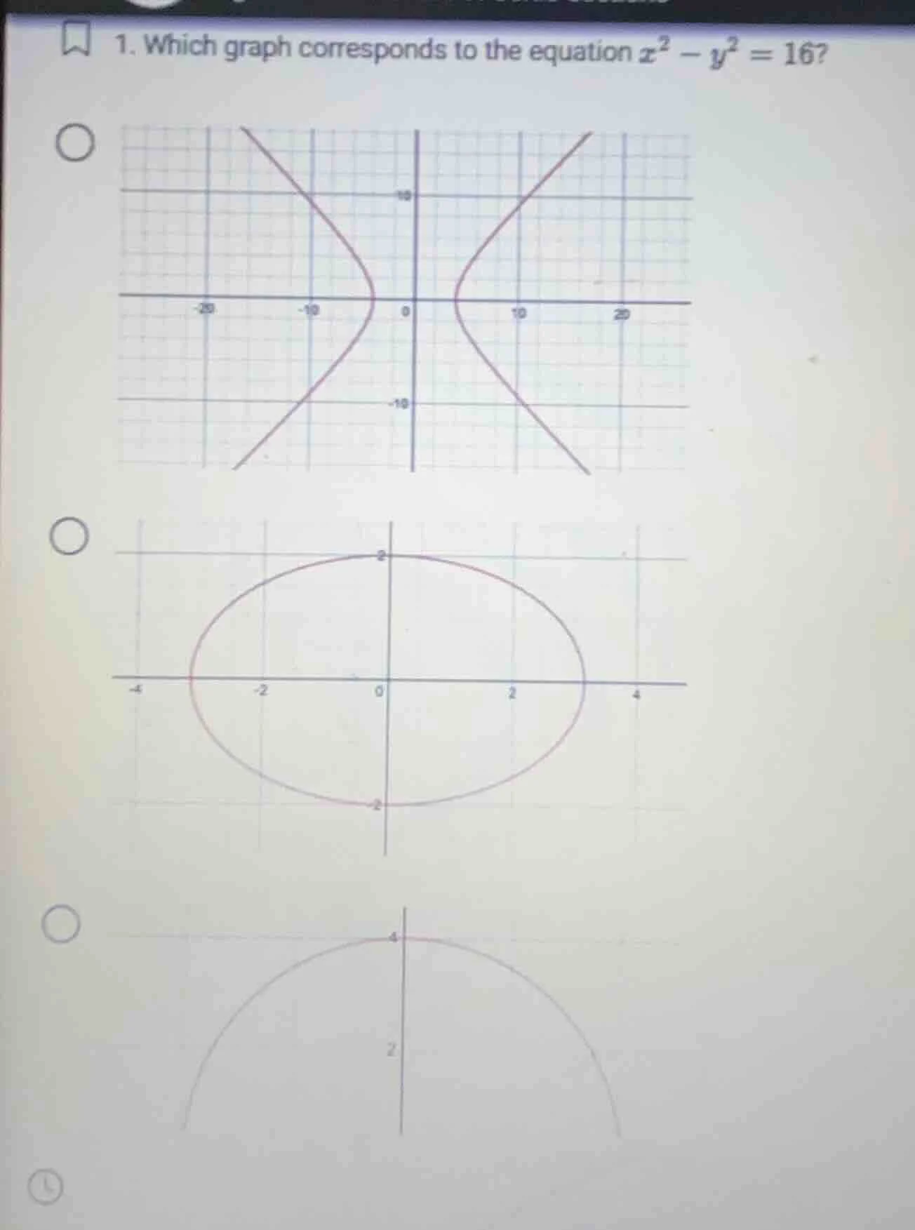 1. which graph corresponds to the equation $x^2 - y^2 = 16$?