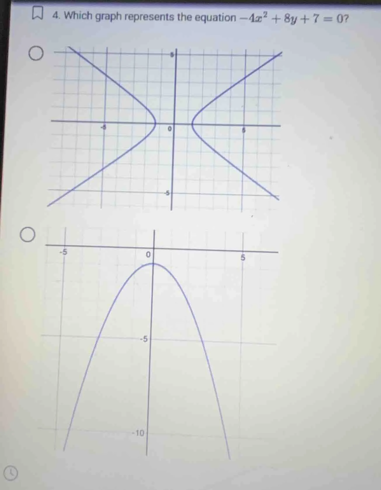 4. which graph represents the equation $-4x^{2}+8y + 7 = 0$?
