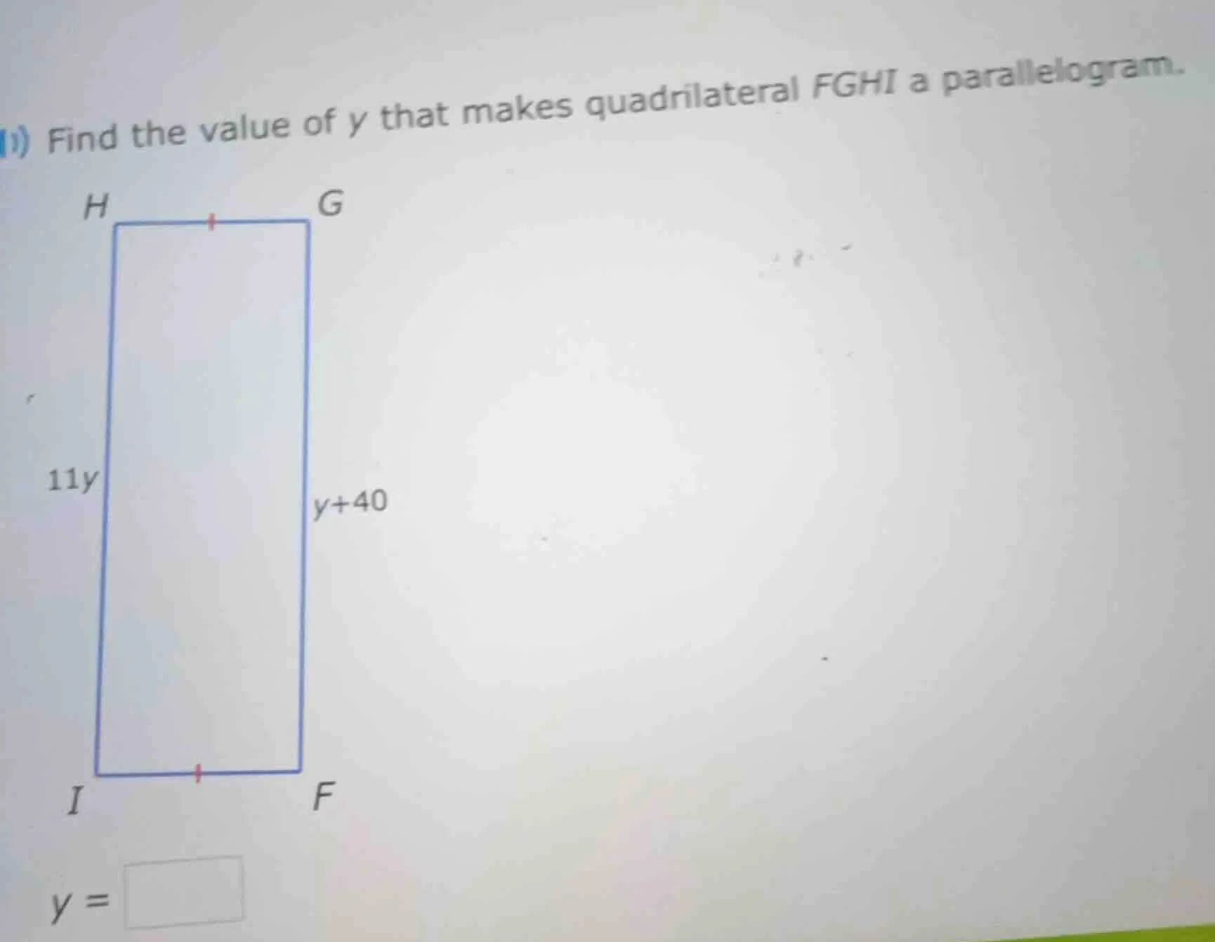 i) find the value of y that makes quadrilateral fghi a parallelogram. h…
