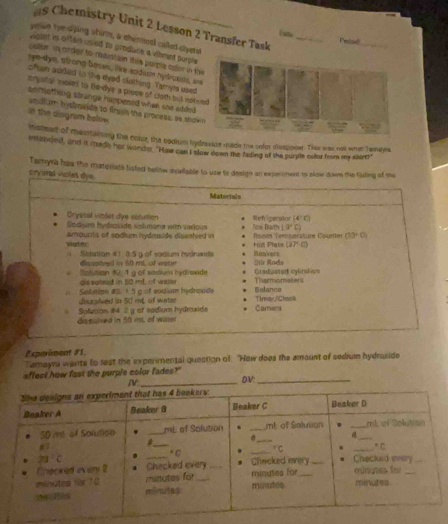 as chemistry unit 2 lesson 2 transfer task when tie - dying shirts, a c…